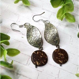 3/$25 Boho Earrings Wood Bead Rondelles, Silver Leaf Dangles